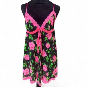 Betsey Johnson Pink Floral Chemise with Lace Trim